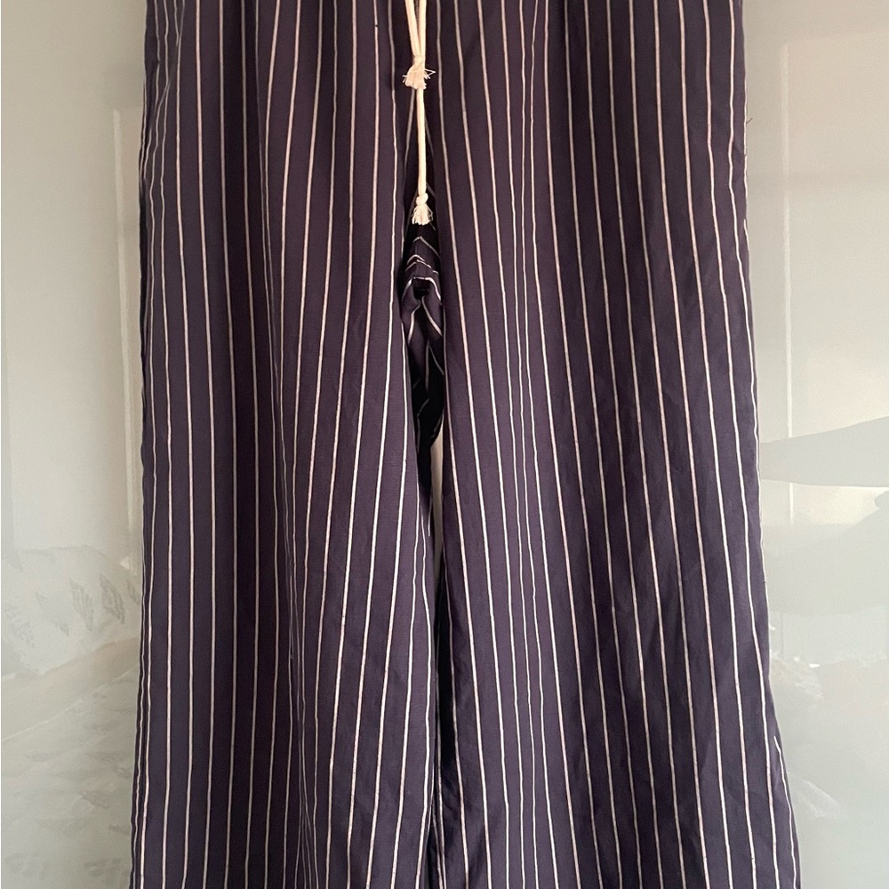 Uniqlo Navy and White Pinstripe Linen Pants